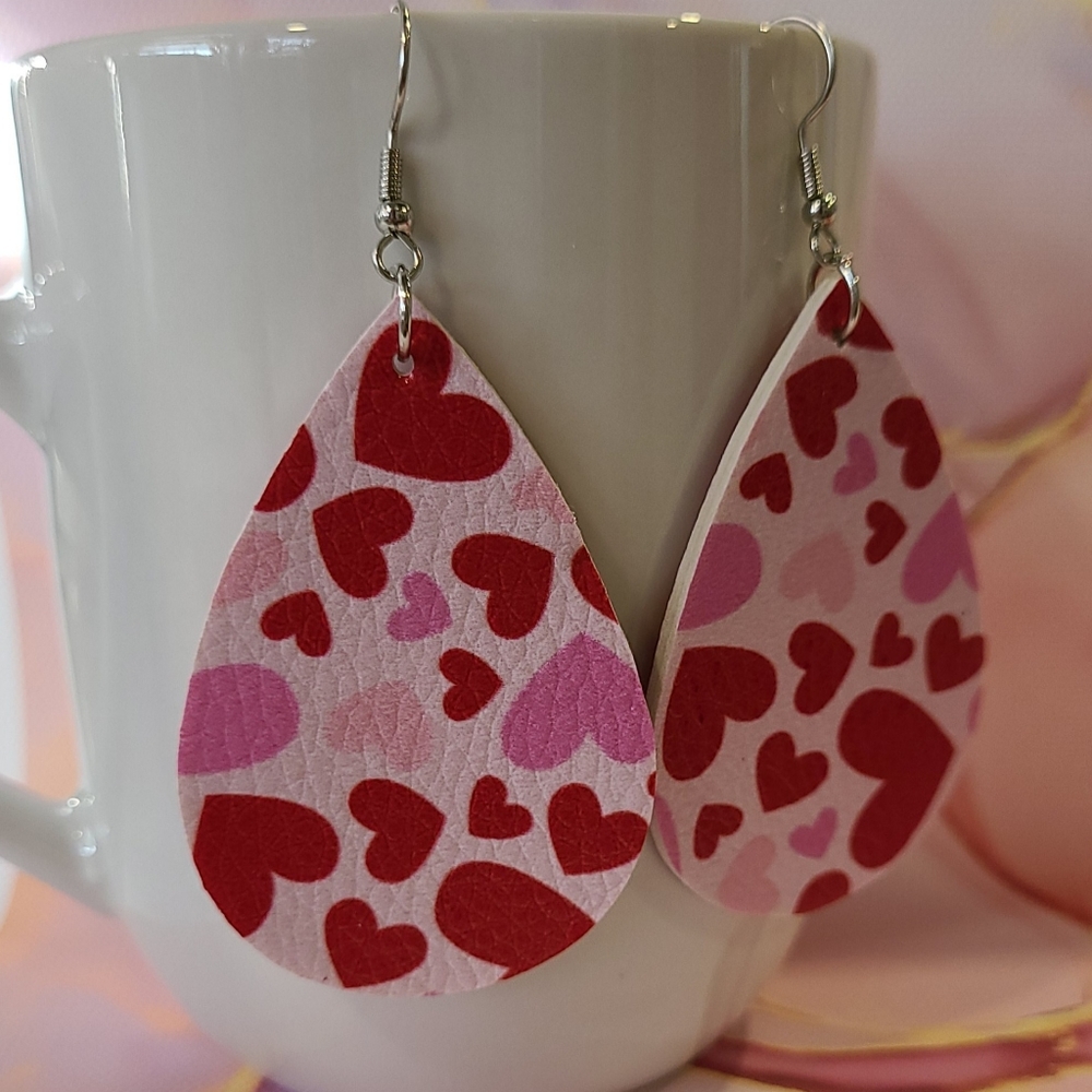 Pink Hearts Faux Leather Earrings